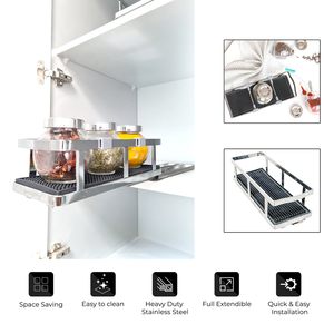 Kwirkythings Pull Out Spice Rack Suitable For Inside Kitchen Cupboards - Stainless Steel Chrome, Organise Your Spices & Condiments With Ease